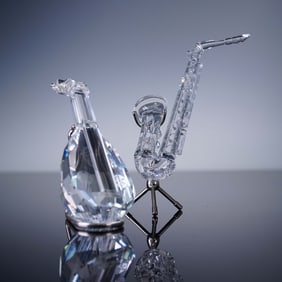 2pc Swarovski Crystal Musical Instrument Figurines, Saxophone and Lute