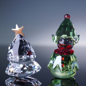 2pc Swarovski Crystal Figurines, Rocking Christmas Tree and Santa's Helper