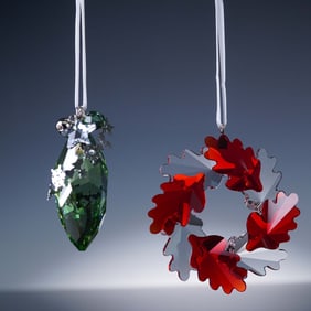 2pc Swarovski Crystal Figurines, Holiday Wreath & Pine Drop Ornaments