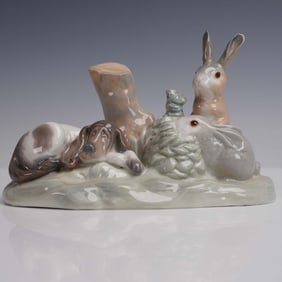 2pc Porcelain Animal Figurines, Lladro Poodle 1001259 & Rabbits with Dog