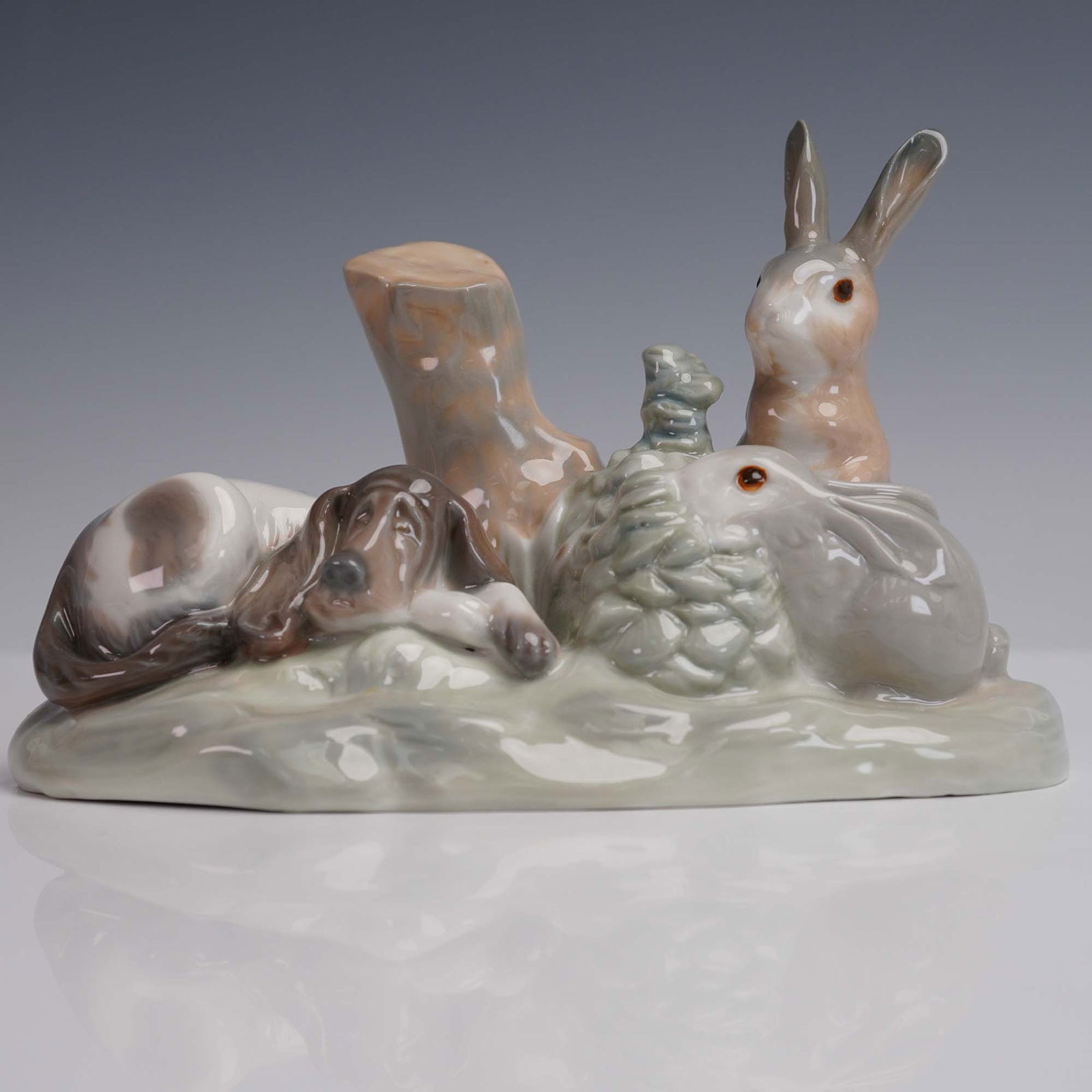 2pc Porcelain Animal Figurines, Lladro Poodle 1001259 & Rabbits with Dog (1 of 9)
