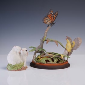 Boehm Porcelain Sculpture, Fledgling Canada Warbler & Rabbits