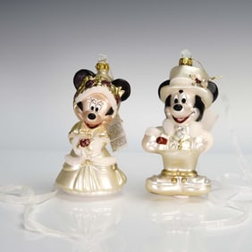 Pair of Walt Disney Mickey and Minnie Mouse Glass Christmas Ornaments