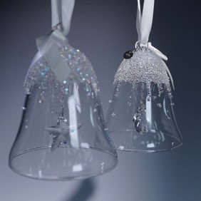 2pc Swarovski Crystal Figurines, 2015 & 2016 Christmas Bell Ornaments