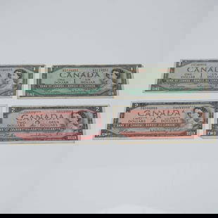 4pc 1954 Bank of Canada Banknotes, $1 and $2 Bills: Collection includes two 1954 Canadian $1 bills and two 1954 Canadian $2 bills issued by the Bank of Canada. Each note features the portrait of Queen Elizabeth II on the front, with the $1 bills printe