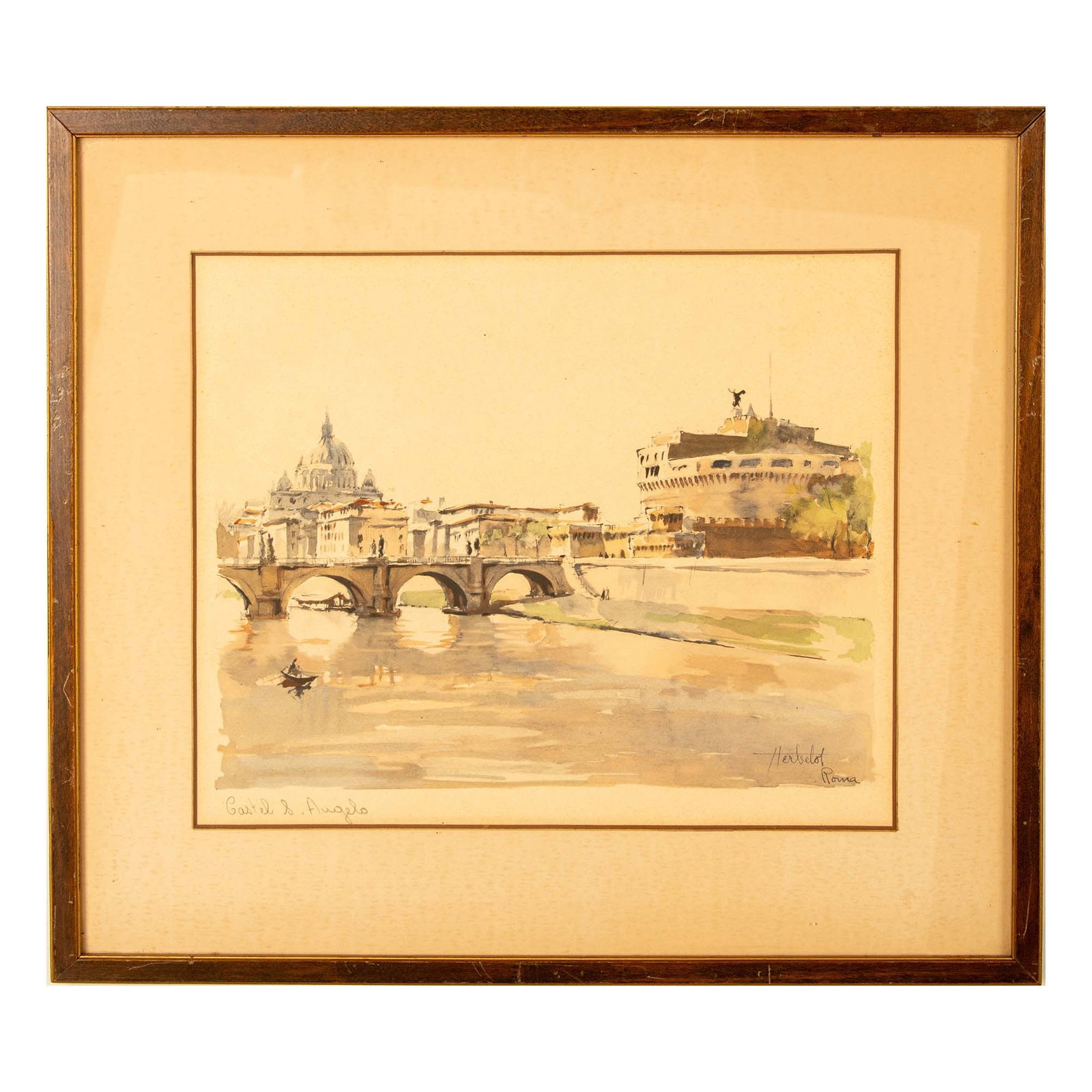 Herbelot, Original Watercolor on Paper, Rome Sight, Signed: Original watercolor on paper by French artist Herbelot that represents the Castel Sant' Angelo and St Peter Basilica in the background seen from the opposite bank of the Tiber river. Housed a brown wo