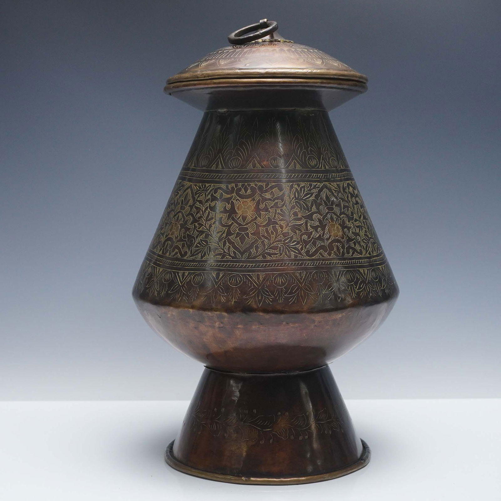 Middle Eastern Engraved Copper and Brass Covered Vessel with Floral Motif (1 of 5)