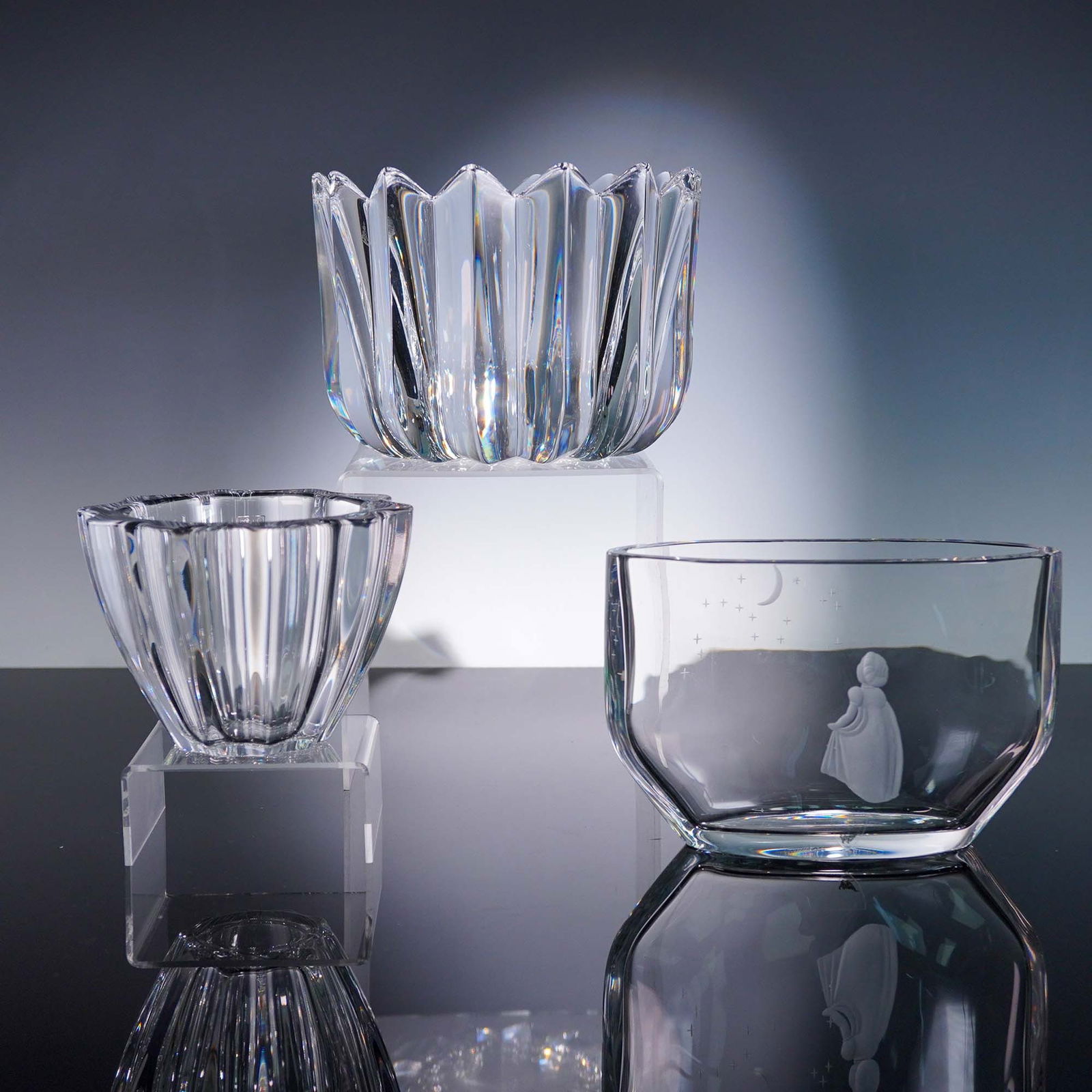 3pc Orrefors Crystal Bowls, Including Edvin Ohrstrom Etched Piece (1 of 10)