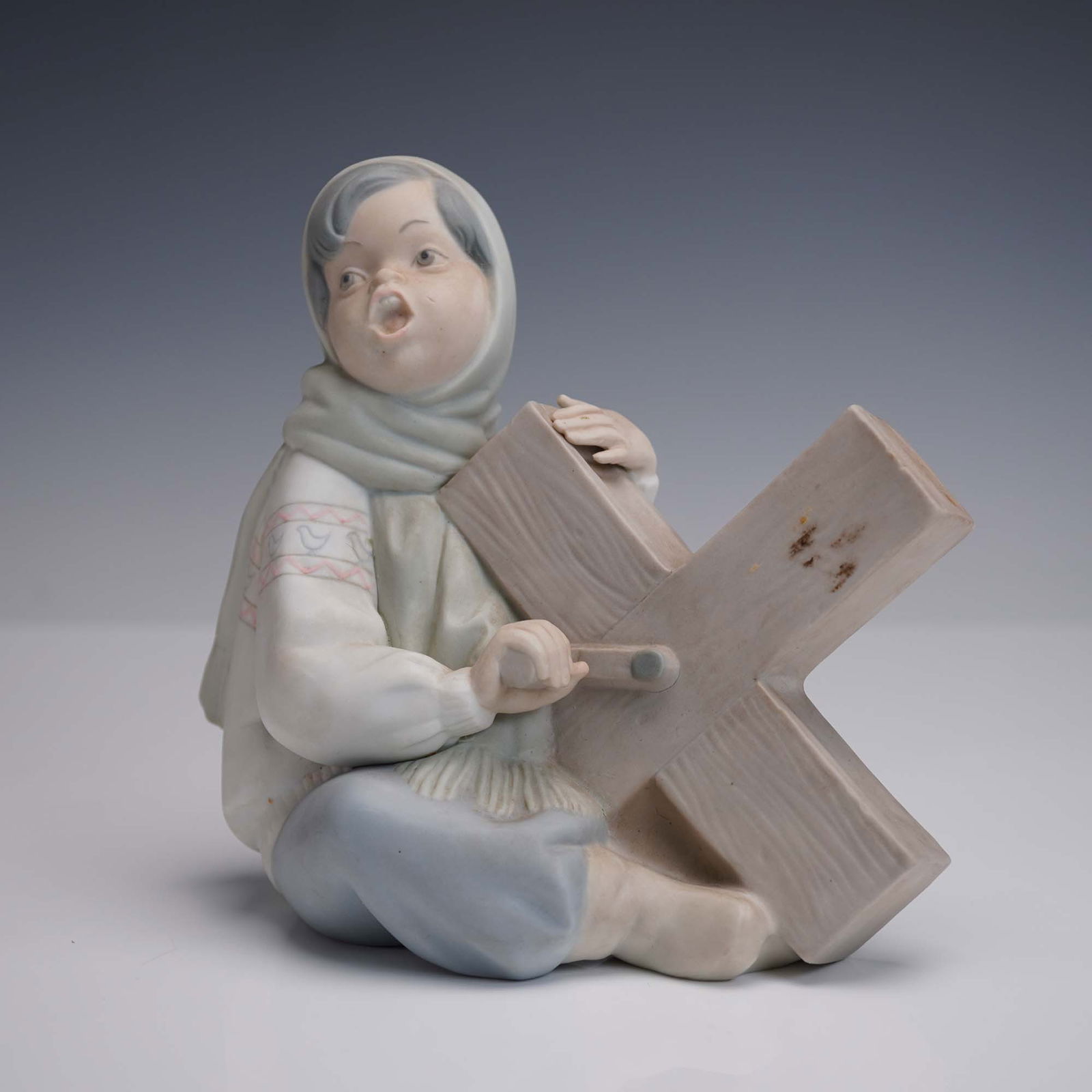 Porcelain Figurine of Girl with Wooden Windmill Crank (1 of 7)