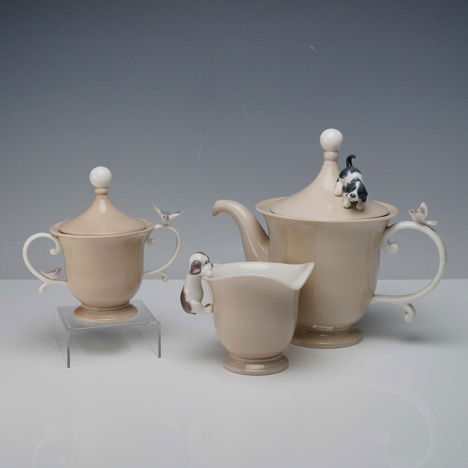 3pc Lladro Porcelain Coffee Set, Puppy & Bird Accents (1 of 9)