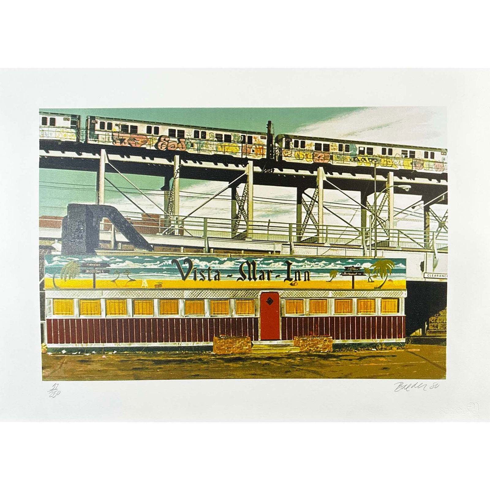 John Baeder (1938) Screenprint Vista Mar Inn, Signed: Screenprint titled Vista Mar Inn Year 1980 Signed lower right numbered 97/250. Sight size 30" x 22"