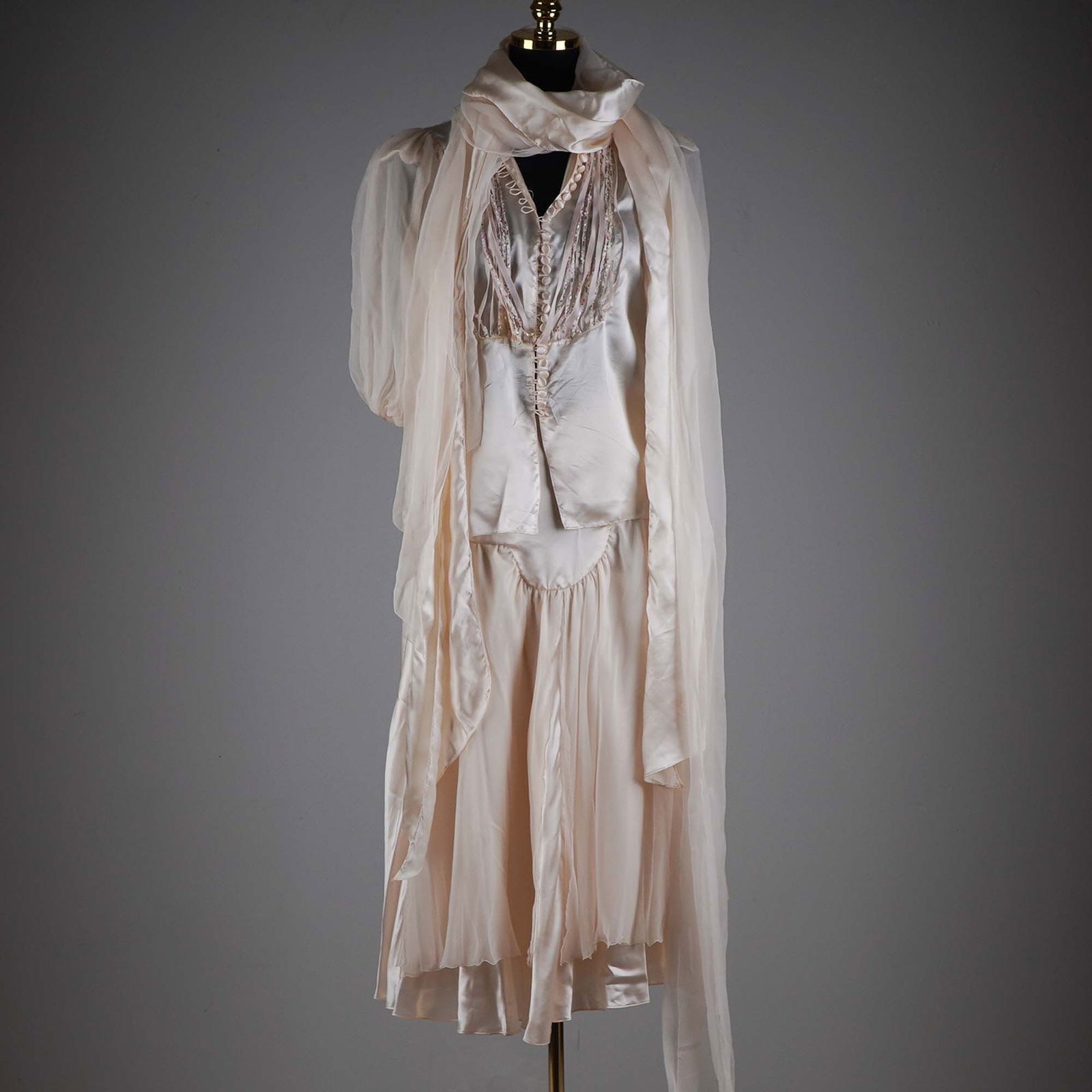 3 pc Cream Silk Chiffon Ensemble with Buttoned Bodice & Flowing Scarf (1 of 10)
