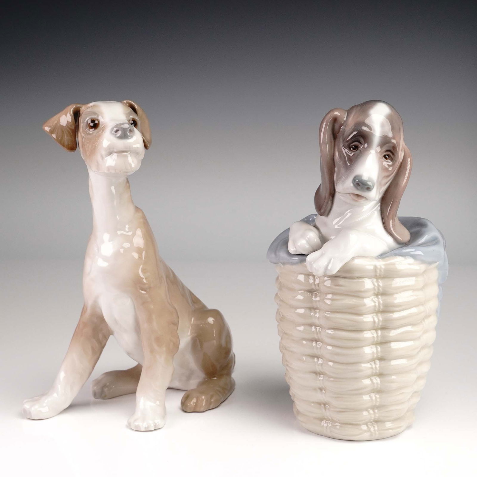 2pc Lladro Porcelain Figurines, Dog 1004583 and Dog In Basket 1001128 (1 of 4)