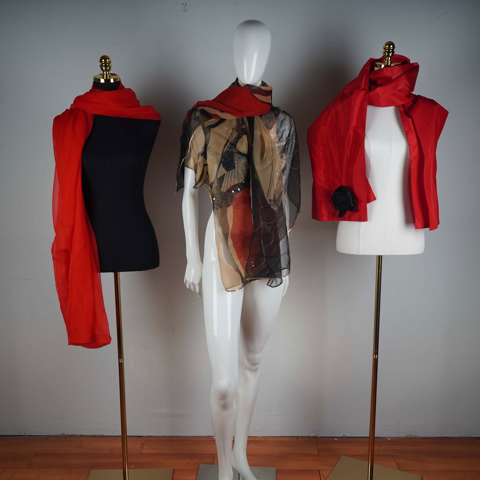 4pc Designer Scarves, Mixed Silk and Organza Styles in Red and Multi-Color (1 of 5)