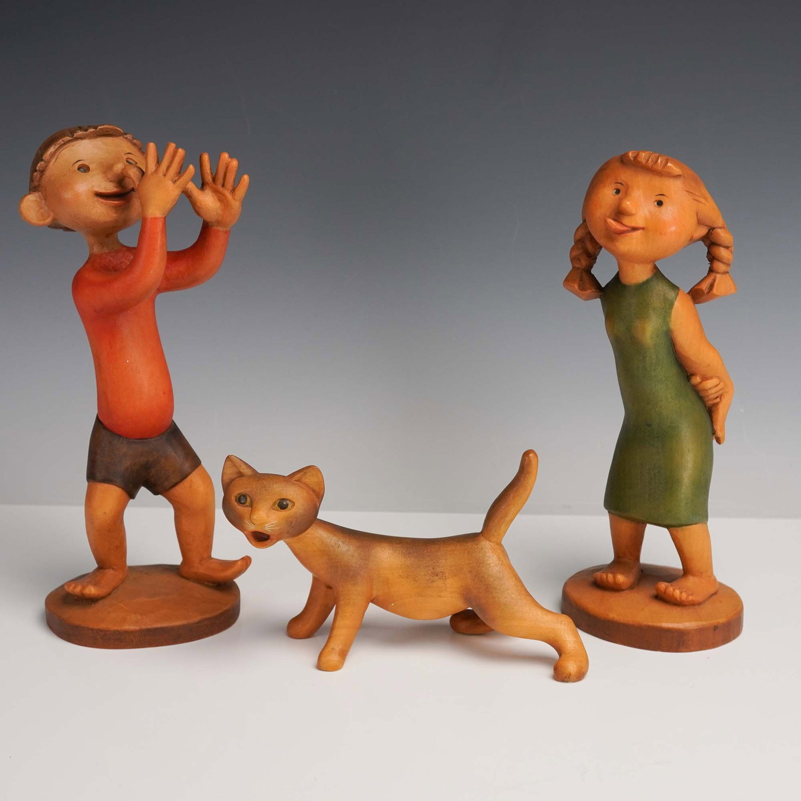 3pc Anri Hand-Carved Figurines, Children and Cat, Italy (1 of 3)