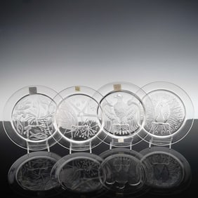 4pc Lalique Crystal Annual Plates, Peacock, Fish, Papillon & Eagle