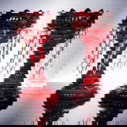 Pair of  Bohemian Ruby Cranberry Glass Mantle Lusters with Prisms