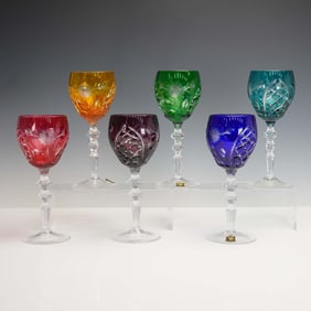 6pc E&R Golden Crown Hand Cut Crystal Wine Goblets