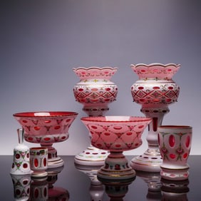 7pc Bohemian Ruby Cut to Clear Table Glassware