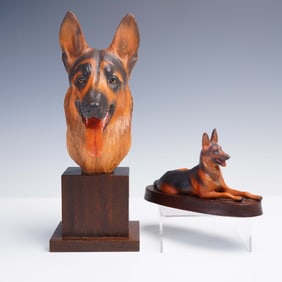 2pc Anri Wood Dog Sculptures, German Shepherd by Helmut Diller