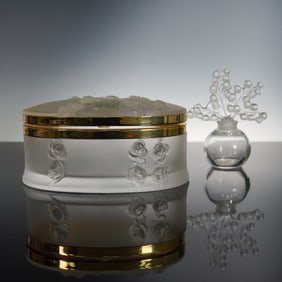 2pc Lalique Crystal Box and Lily of the Valley Perfume Bottle