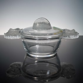 Lalique Crystal Lidded Dish with Lilypad Motif Handles