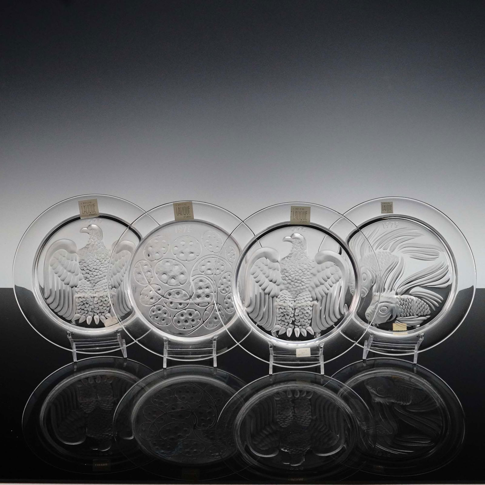 4pc Lalique Crystal Annual Plates, Silver Pennies, Fish Duet & Eagles (1 of 6)