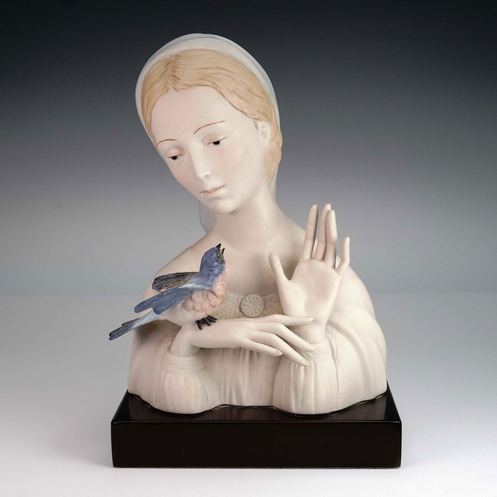 Cybis Porcelain Figurine, Madonna with Bluebird: Elegant Cybis porcelain figurine depicting a serene young woman with a bluebird perched on her arm. Known for their neoclassical style and fine hand-painted detail, Cybis pieces are highly collectible