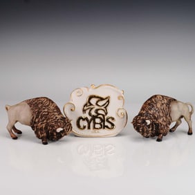 3pc Cybis Porcelain Figurines, Buffalos and Plaque