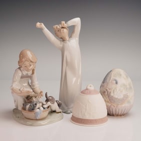 4pc Lladro Porcelain Figurines, Girl with Guitar #01004871, Joy in a Basket