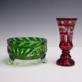 2pc Bohemian Cut-to-Clear Glass Vase and Footed Bowl