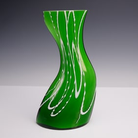 Art Glass Vase, Green with White Swirl MC Modern Style