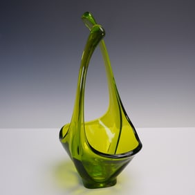 Green Art Glass Handled Basket Vase