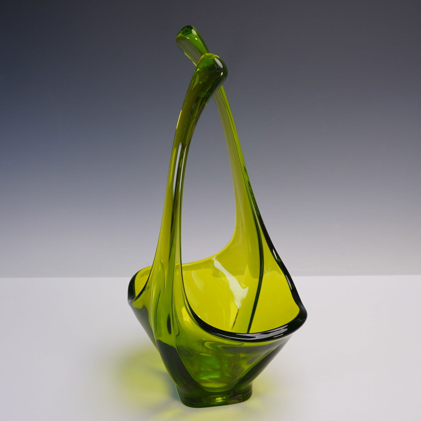 Green Art Glass Handled Basket Vase (1 of 5)