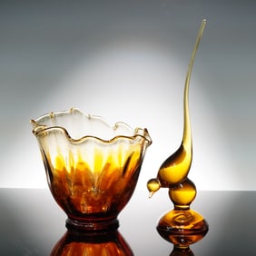 2pc Mid-Century Amberina Art Glass Grouping