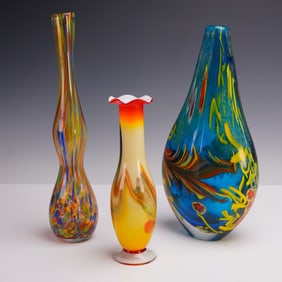 3pc Art Glass Vases, Hand-Blown Colorful Studio Art Glass