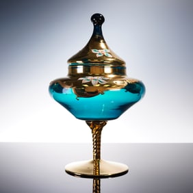 Bohemian Blue Glass Lidded Compote with Gilt & Enamel