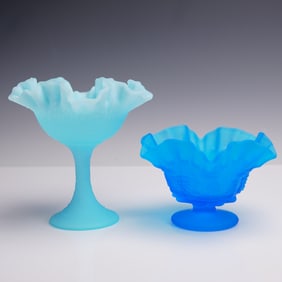 2pc Blue Satin Glass Compotes, Fenton & Westmoreland