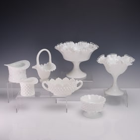 7pc Fenton Milk Glass Compotes and Vessels, Silver-Crested