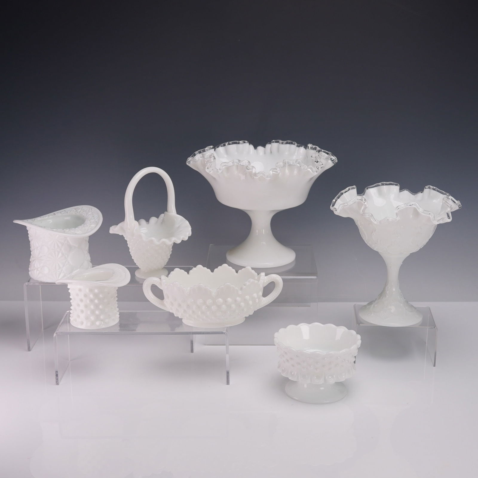 7pc Fenton Milk Glass Compotes and Vessels, Silver-Crested (1 of 9)