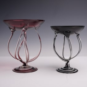 2pc Krosno Jozefina Art Glass Bowls, Purple Wine & Black Jellyfish Form