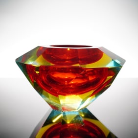 Faceted Murano-Style Art Glass Votive in Amber, Chartreuse & Aqua