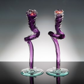 Pair of Contemporary Art Glass Candlestick Holders