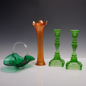 4pc Depression Glass, Green Candlesticks & Carnival Vase