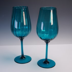 2pc Teal Optic Blown Glass Goblets