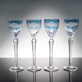 4pc Blue Cut-to-Clear Crystal Cordial Glasses