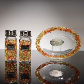 3pc Lily Art Judaica Israeli Fused Glass Dish & Shakers Set