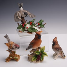 4pc Porcelain Bird Figurines, Andrea and Goebel Chickadee & Cardinals