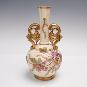 Antique Rudolstadt Porcelain Vase, Hand-Painted Floral with Gilded Handles