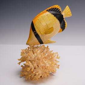 Hand Painted Wooden Yellow Fish on Coral Skeleton Sculpture